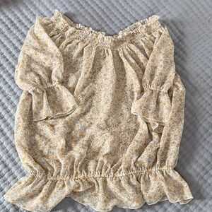 Free People Ruffled Floral Top in Cream and Blue